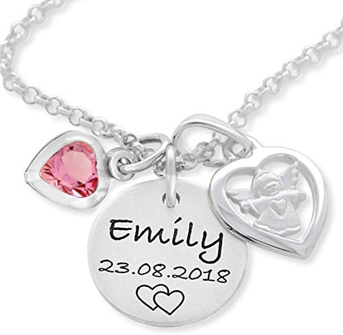 Taufkette Mädchen Engel Silber Gravur Namenskette Taufdatum Engel Schmuck Baby Schutzengel Engelanhänger Taufe Geburtsdatum Kette rosa blau | HANDMADE IN GERMANY
