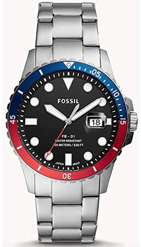 FOSSIL FB-01 Montre pour Homme, Mouvement à Quartz avec Bracelet en Acier Inoxydable ou en Cuir, Rouge et Bleu, 42mm