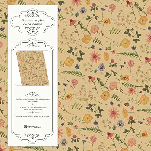 Flora-Natura Geschenkpapier Vintage Blumen floral 5 Bögen 84 x 59 cm, Öko Recycling-Papier nachhaltig gedruckt, für Geburtstag Geschenk-Papier