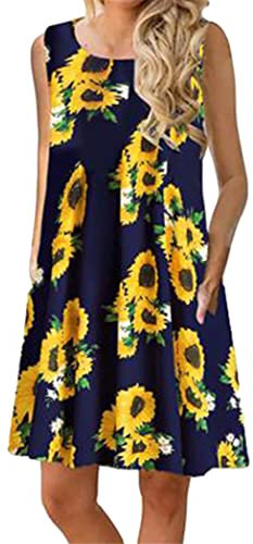 OMZIN Damen Vestkleid Casual Loose Sommerkleid Ärmellos Longshirt Tanktops Strandkleid A-Linie Minikleid Swingkleid Casual Kleid Dunkelblaue Sonnenblume XL