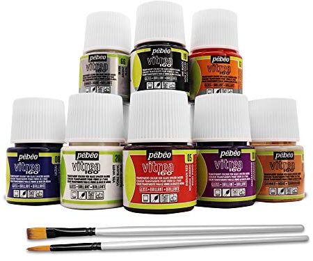 Moshify Pebeo Vitrea 160 Glass Paint - Transparent Colour Glossy and Brilliant - Made in France - DIY Craft Paint for Stained Glass and More - Set of 8 Colors Bundled Application Brushes