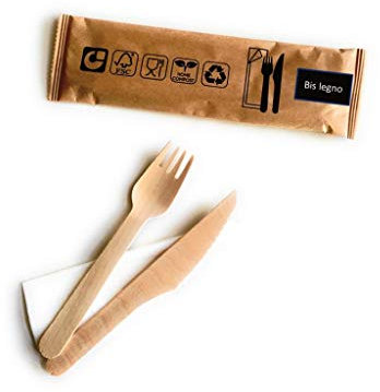 25 bis Posate MONOUSO FORCHETTA Coltello E TOVAGLIOLO INCARTATI SINGOLARMENTE in Legno Naturale 100% BIO