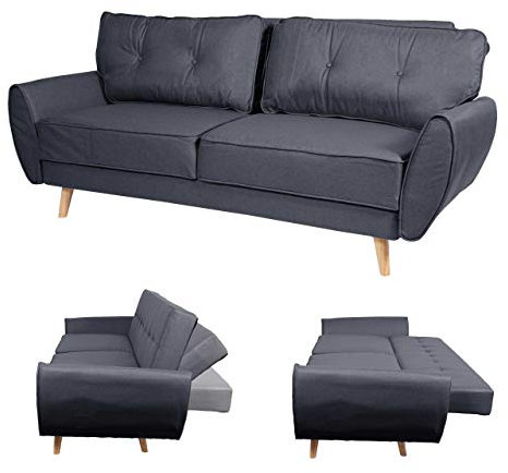 Mendler 3er-Sofa HWC-J19, Couch Klappsofa Lounge-Sofa, Schlaffunktion 203cm - Stoff/Textil anthrazit