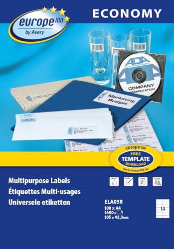 EUROPE 100 Mehrzweck-Etiketten, selbstklebend, 48,5 x 25,4 mm, Weiß, 4000 Stück