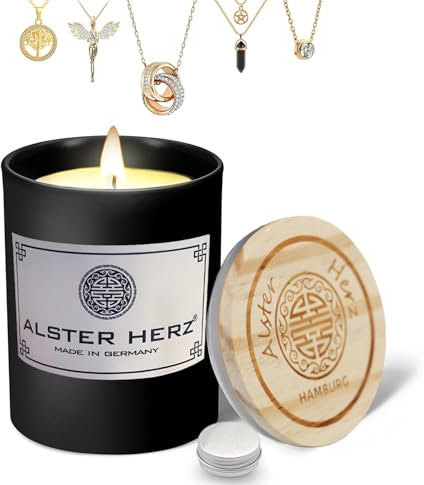*ALSTER HERZ* Schmuckkerze, Kerze im Glas mit Deckel, handgefertigt, Halskette, Gold, Modeschmuck, ohne Duftstoffe, originelle Geschenkidee, Made in Hamburg (Schwarz)