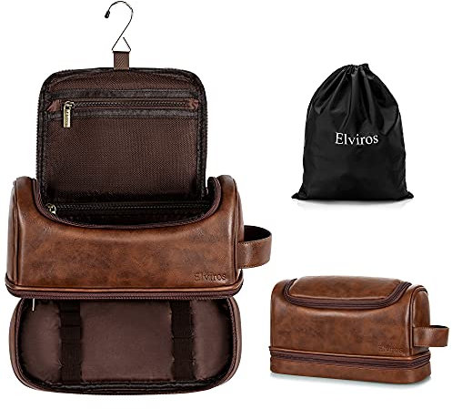 Elviros Water-Resistant Leather Toiletry Bag for Men Large Double-Layer Travel Wash Bag Shaving Dopp Kit Bathroom Gym Toiletries Makeup Organizer,Gift for Men (Dark Brown Large)