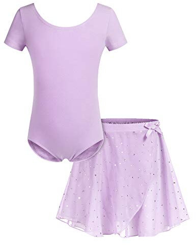 Bricnat Vêtements de Ballet pour Fille Robe de Ballet Body de Danse Costumes de Ballet Justaucorps de Ballet Robe de Danse à Manches Courtes avec Tutu Coton pour Enfantss Violet