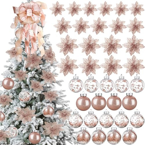 49 Pcs Christmas Tree Decoration Set, 34'' Christmas Tree Topper Bow 3 Size Christmas Glitter Poinsettia Faux Flowers and 2.36'' Christmas Ball Ornaments for Holiday Xmas Tree Decoration(Rose gold)