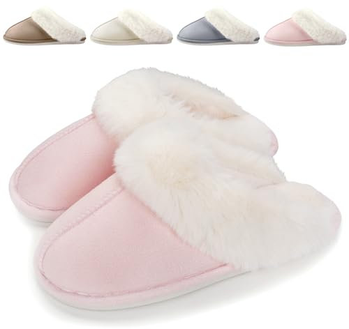 Hilax Pantofole da Donna Pantofola Invernale Comfort Pantofole Calde Ciabatte in Pelle Peluche Scarpe da Casa Antiscivolo per Interni, Rosa, EU 42/43