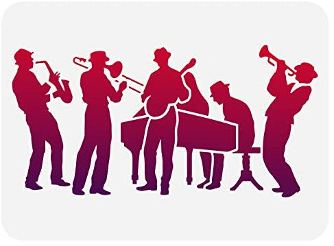 FINGERINSPIRE Jazz Band Pochoir 29,7 x 21 cm Réutilisable Orchestre Dessin Pochoir Grande Taille Guitare Saxophone Piano Musique Thème Pochoir pour Peinture sur Mur, Bois, Meubles, Tissu et Papier