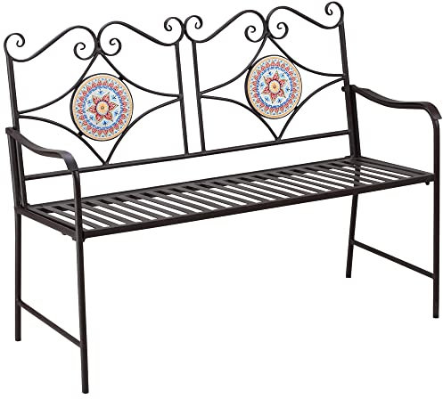 Outsunny Gartenbank Metall, 2-Sitzer Parkbank mit Rückenlehne, Armlehne, Sitzbank mit Mosaiksteinen für Garten, Balkon, max. 220 kg, Braun, 121 x 52 x 93 cm