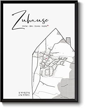 Poster Zuhause mit Koordinaten, Bild Stadtplan & Namen d. Familie | personalisierte Städte-Karte HAUS | Einzugsgeschenk, Größenwahl