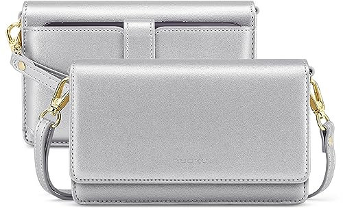 nuoku Custodia per cellulare da donna, con borsa a tracolla, borsa a tracolla da donna, con scomparti funzionali, argento, Contemporaneo
