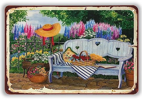 Metallschild für Gartenbänke, Hof, Retro, Vintage, Blumen, Kunst, Illustration, Bauernhaus, Wanddekoration, Outdoor, Gartenarbeit, Metallschilder für Garten, Club, Outdoor, Innenbereich,