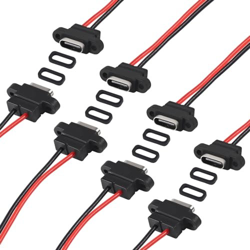 XIITIA 8pcs USB Connector Type-C Female Chassis 2 Pin for DIY, Waterproof 2P Solder Wire Type USB C Pigtail Cable Extension Power Cable USB-C Plug to 2 Pin Bare Wire Open End Connector
