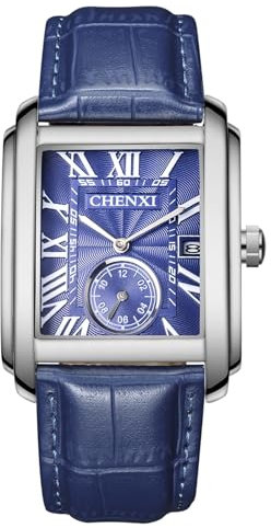 JewelryWe Uhren Herren Echtleder Rechteckig: Datum Kalender 30m wasserdichte Analog Quarz Armbanduhr Männer Blau Leder Armband Uhr mit Gehäuse und Römischen Ziffern Zifferblatt