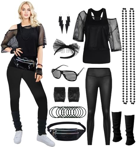 80er 90er Jahre Outfit Damen Netzshirt, Tank top, Leggins, Netzhandschuhe, Bauchtasche, Haarband, Ohrring, Armband, Halskette, 80iger Kostüm Zubehör Neon Kleidung 80s Aerobic Bad Taste Outfit FR041M