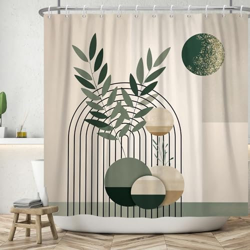 ASDCXZ Boho Duschvorhang 180x180 cm, Modern Abstrakt Kunst Boho Style Retro Sonne Grün Blätter Beige Bad Waschbar Duschvorhänge Polyester Textil Wasserdicht Badevorhang für Badewanne mit 12 Haken
