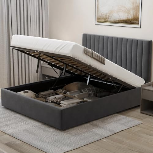 Ottoman Small Double Bed Frame, Upholstered Gas Lift Up Bed Frame with Storage, Ottoman Storage Bed with Gas Lift End Opening Wooden Slats, (4ft Dark Grey Small Double, No Mattress Included)
