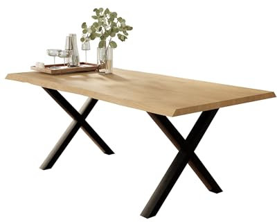 Liadomo Esstisch 200x100 Isa Natur, Baumkantentisch, Akazie Massivholz Tisch, 26mm Tischplatte Lackiert, Robust & Pflegeleicht, Unikat, X-Gestell Metall schwarz