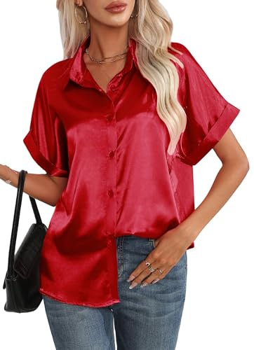 Maeau Women's Satin V-Neck Silk Shirt Button-Down Tunic Elegant Casual Tops Ladies Short Sleeve Office Work Shirt Summer Red XL
