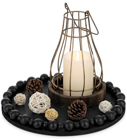 Hanobe Decorative Tray for Coffee Table: Wooden Small Round Serving Tray for Centrepiece Boho Decor - Black Rustic Candle Plate for Dining Counter Display 30cm