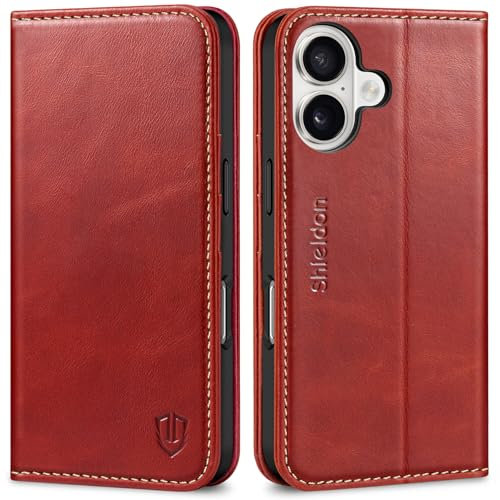 SHIELDON Flip Case for iPhone 16 6.1, Genuine Leather Wallet Magnetic Case with [RFID Blocking][Card Holder][Stand Function][Shockproof TPU Shell] Folding Cover Compatible with iPhone 16 - Retro Red