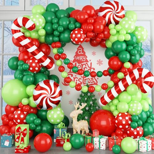 HILAVO Christmas Balloon Garland Arch Kit, 113PCS Lime Green and Red Balloons with Pinwheel Foil Balloons for Christmas Funny Birthday Party New Year Winter Holiday Decorations