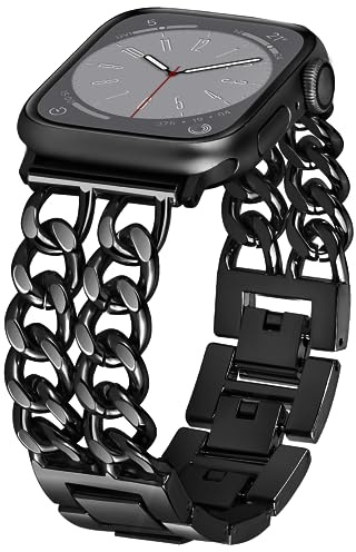 Aniaboho Kompatibel mit Apple Watch Armband 45mm 44mm 49mm 42mm,Doppelketten Damen Metall Armband iWatch für Apple Watch Series Ultra 2 1 SE 11 10 9 8 7 6 5 4 3 2 1 SE, Schmuck für Fraue, Schwarz