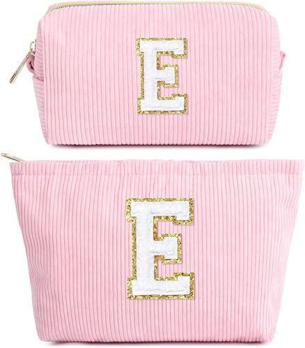 2 Pezzi Borsa per Cosmetici per donna, Pochette Trucchi Viaggio, Trousse Trucchi Organizer, Personalizzata Iniziale Regalo Compleanno Natale Ideale per Donne Ragazze Fidanzate Migliori Amiche(Rosa E)
