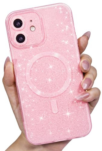 LoeoeL Glitter Case for iPhone 12 Mini Phone Case Magnetic Compatible with Magsafe, Cute Sparkly Thin Slim Silicone Mag Safe Cover for Women Girls, Girly Bling Shiny Sparkle Bright Rubber, Light Pink