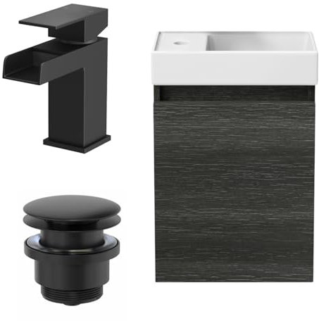 Artis® 400mm Bathroom Vanity Unit Ceramic Wash Sink Wall Hung Storage Cabinet Reversible Soft Close Cupboard & Black Waterfall Basin Mixer Tap & Waste Set, Charcoal Grey