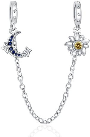 Amuefer Moon Sun Stars Shining Safety Chains Charms für Armbänder 925 Sterling Silber mit Cubic Zirkonia Anhänger für Halsketten Geburtstag Weihnachten Schmuck Geschenke für Frauen