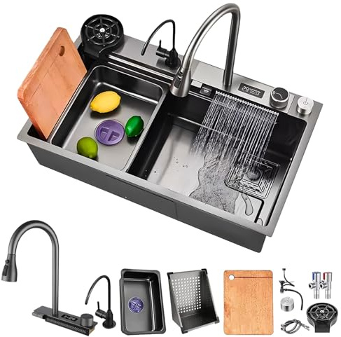 HZKSINNK Fregadero de Cocina de 1 Cubeta 70x50 cm, Negro cascada Fregadero de Acero Inoxidable, con Grifo Cocina Extraible, cesta de drenaje, sifón, rebosadero y desagüe así como otros accesorios
