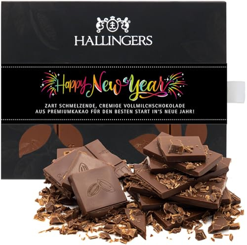 Hallingers Genuss Manufaktur Schokolade Weihnachts-Geschenk - Tafel handgeschöpften Edelkakaos ohne Alkohol edler Karton Happy New Year ... Pur, Weihnachten für Frauen Männer