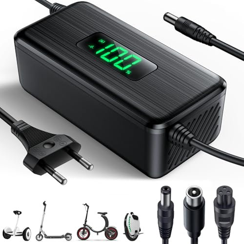 Dufuso 42V 2A Caricabatterie Monopattino Elettrico con Schermo LED di Carica (%), Caricabatterie Hoverboard con 4 Connettori, Universale per Tutte le Batterie al Litio da 36V, con Ninebot, Xiaomi
