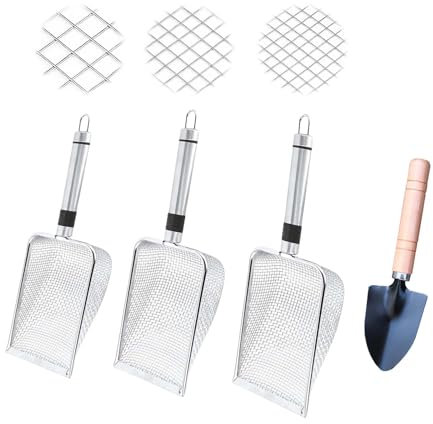 Set da 4 Pezzi Setaccio per Terreno da Giardino in Acciaio Inox,Setaccio da Giardino,Setaccio a Rete per Terreno,Colino per Sabbia con Piccola Pala da Giardinaggio per vasi da Patio, Sabbia,Ghiaia