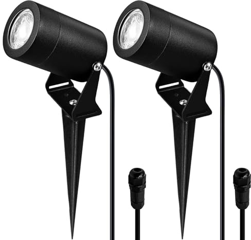 JNR Edelstahl LED Gartenbeleuchtung mit Strom und Erdspieß, Schwarz 2 Pack | IP65 Wasserdicht Gartenlampen für Draußen Strom mit 2M Kabel Kein Stecker, Gartenleuchten 5W GU10 3000K Warmweiß Glühbirne