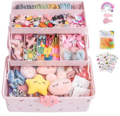 Bollisate Kinder Haarschmuck Aufbewahrungs Kasten, 3-lagige Schmuckkästchen Mädchen, Rosa Wasserdichter Haargummi-Organizer mit 6 Aufklebern, Niedlicher Schmuck Organizer für Schlafzimmer Wohnheim