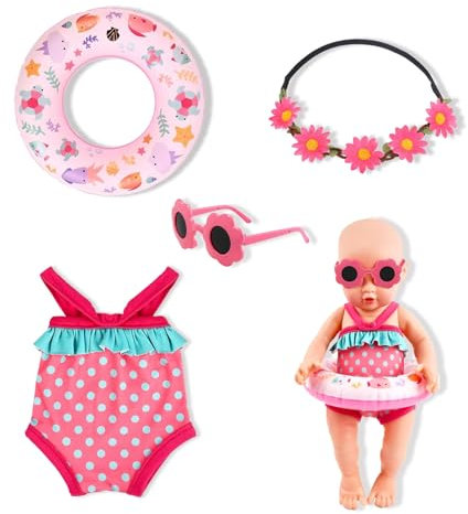 4-Teiliges Puppen-Schwimmset, Sommer-Puppenzubehör mit Badeanzug, Schwimmring, Haarband, Sonnenbrille – für 35-45 cm Schwimmpuppen (Rosa-A)