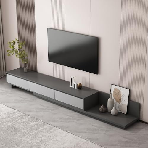Sleek Minimalist TV Stand for 130 TVs Telescopic 200-330cm Media Console Charcoal Grey Base & Slate Grey Drawers 3 Deep Storage & Cable Management Heavy Duty Plywood Living Room Furniture