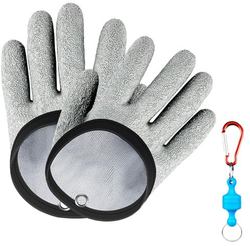 LIMEOW 1 Paar 19cm Angelhandschuhe Landehandschuh Hecht Handschuhe wasserdichte Handschuhe mit 1 Stück Magnetverschluss Anti-Schnitt Rutschfesten Handschuh für Den Sicheren Umgang Hecht Wels(Grau)