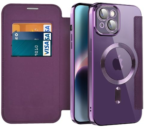 IMIRST Case for iPhone 14 Compatible with MagSafe, WD Purple | 3 Card Holder,RFID Blocking,Premium Leather Folio Flip Wallet Cover,Magnetic Clear Shockproof TPU,for Women Men