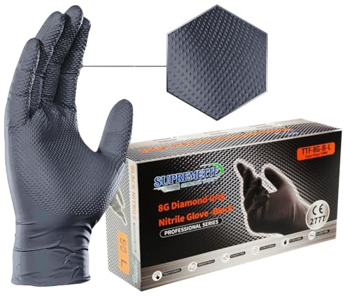 8 Mil Nitrile Disposable Diamond Grip Gloves, Heavy-Duty, Latex & Powder Free, Food Safe, Extra Thick For Mechanic Automotive Oil Work (Black, Medium [Size 8])