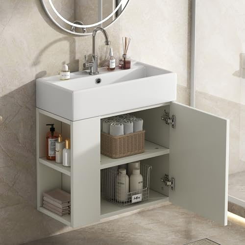 YuQozii Mueble de baño con armario bajo lavabo de 55 cm, mueble para lavabo colgante pequeño, color blanco