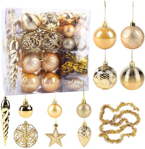 45 Stück bruchsichere Weihnachtskugeln, Weihnachtsbaumschmuck, Ornamente für Weihnachten, hängende Dekorationen (Gold)