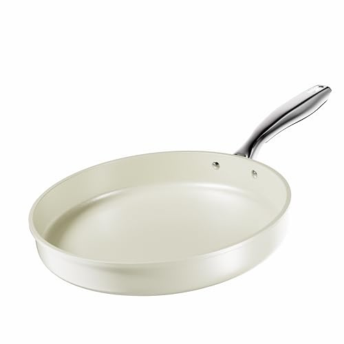 Koch Kode 28cm Pfanne, Große Keramikpfanne Mit Edelstahlgriff, Bratpfanne Für Familienmahlzeiten, Spülmaschinengeeignete, Bratpfanne Induktion, Pfanne Für Induktion, Beige