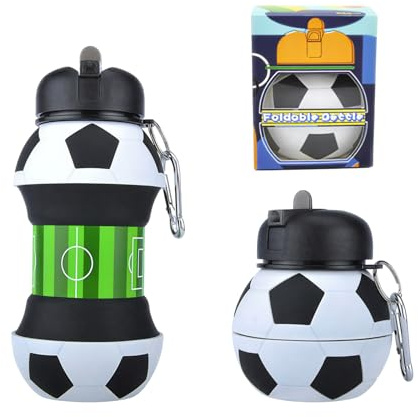 TIAN TIAN DING Football Collapsible Water Bottle,550ml Silicone Sports Bottle,Leakproof & Durable,Football Gifts For Boys