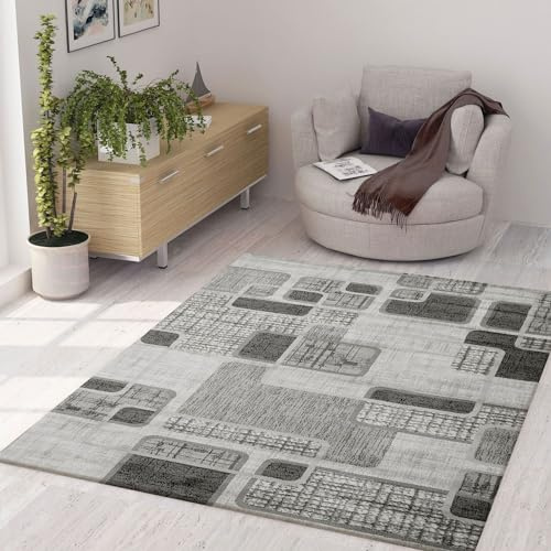 VIMODA Teppich Kurzflor Modern Kariert Retro geometrisches Muster Meliert in Grau für Wohnzimmer, Schlafzimmer, Maße:200x290 cm