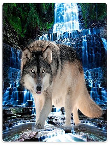 Violetpos Dick Decke Weich Wärme Gemütlich Flanell-Fleece Sofadecke Deckeldecke Tier Wolf Wasserfall Landschaft 150 x 200 cm